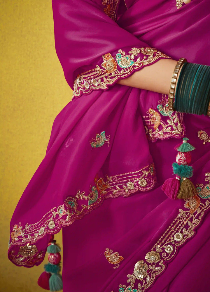 Flawless Bright Pink Tissue Saree: Sequins, Dori & Butti Embroidery