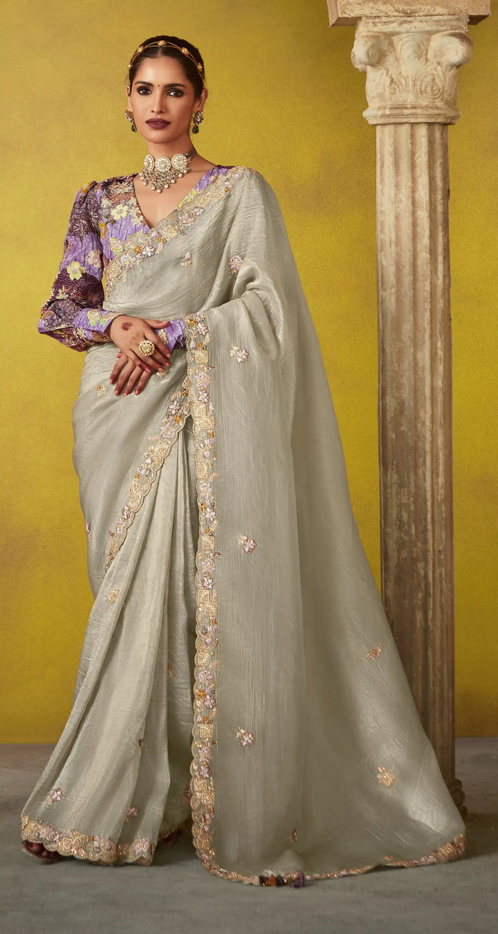 Exquisite Beige Saree with Satin Silk Blouse – Butti Work & Thread Embroidery