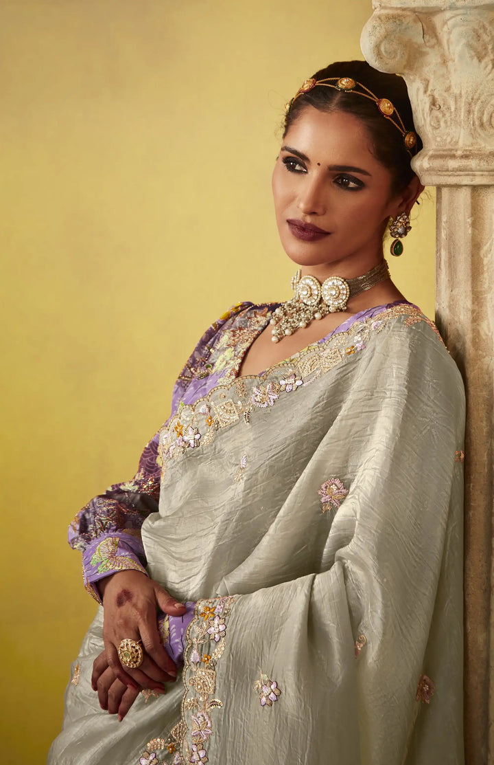 Exquisite Beige Saree with Satin Silk Blouse – Butti Work & Thread Embroidery