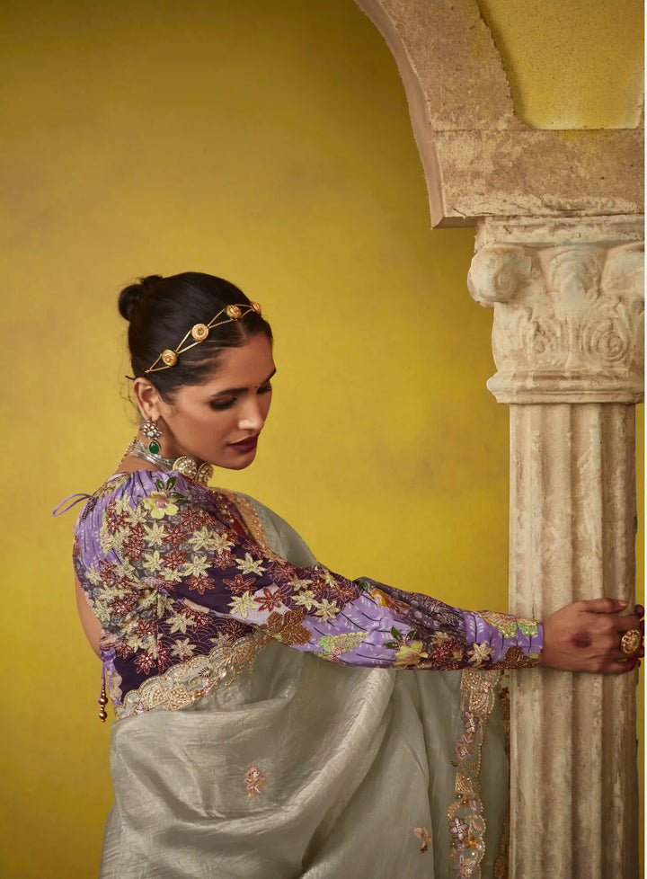 Exquisite Beige Saree with Satin Silk Blouse – Butti Work & Thread Embroidery