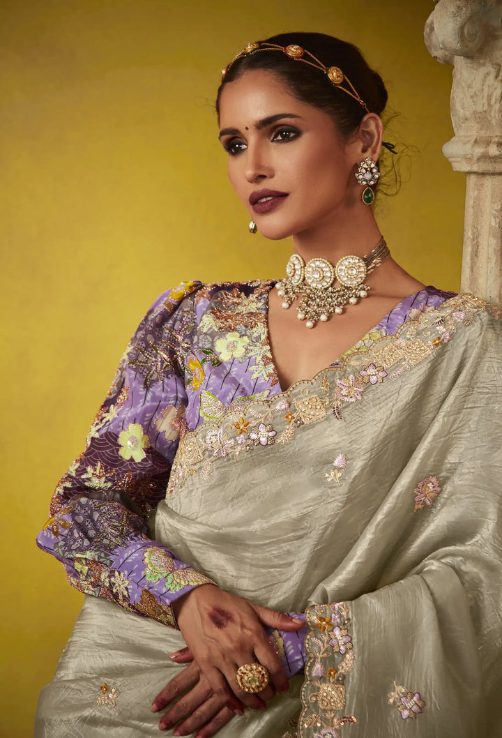 Exquisite Beige Saree with Satin Silk Blouse – Butti Work & Thread Embroidery