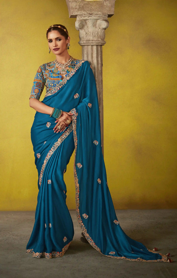 Glamorous Teal Blue Tissue Saree – Satin Silk Blouse with Butti Work