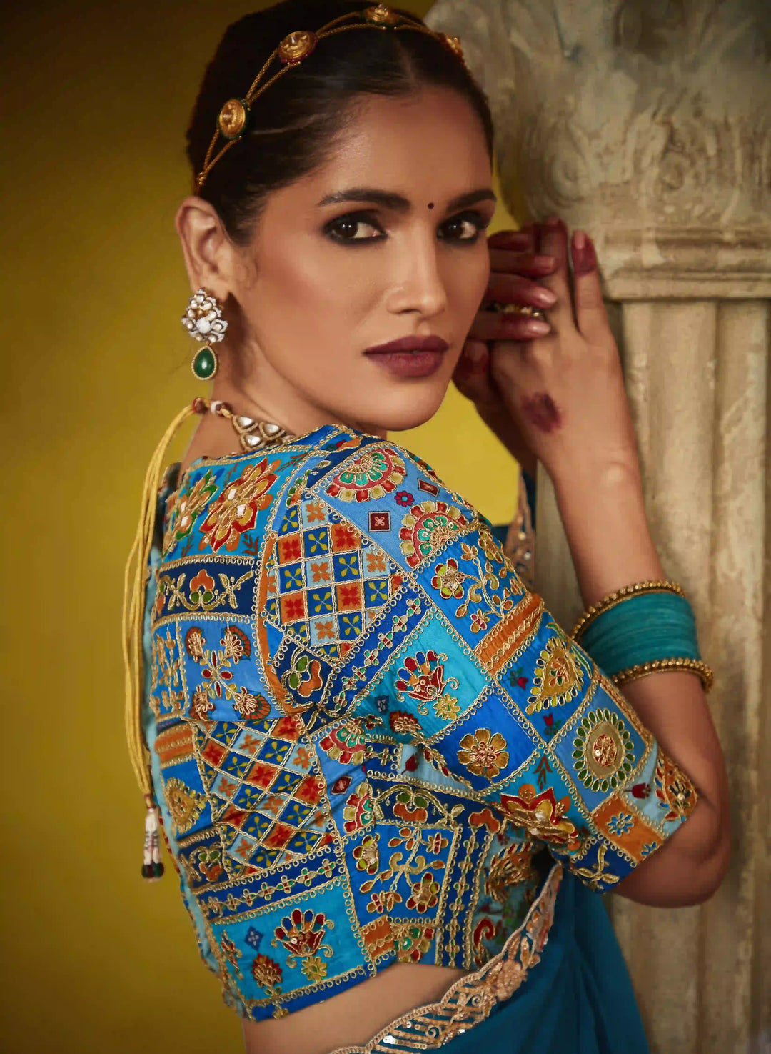 Glamorous Teal Blue Tissue Saree – Satin Silk Blouse with Butti Work