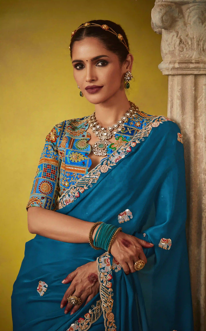 Glamorous Teal Blue Tissue Saree – Satin Silk Blouse with Butti Work