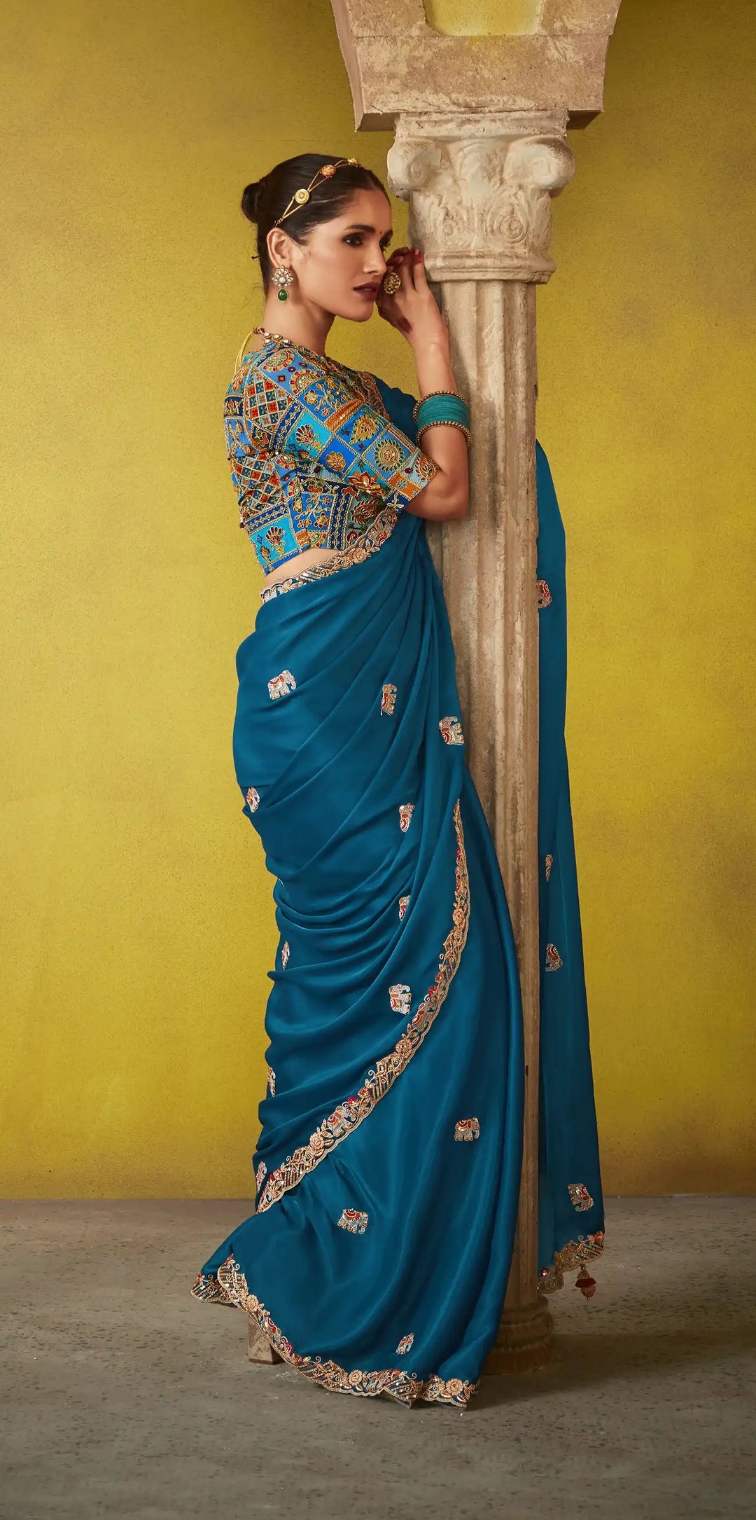Glamorous Teal Blue Tissue Saree – Satin Silk Blouse with Butti Work