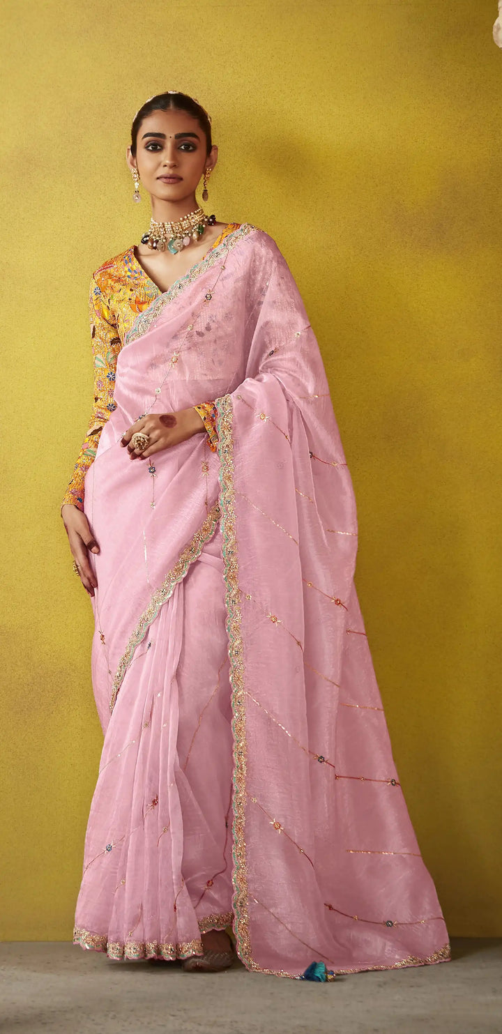 Radiant Pink Tissue Saree with Sequins, Dori & Thread Embroidered Blouse