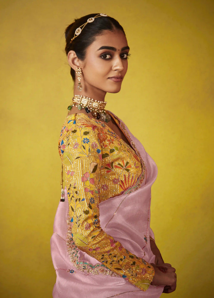 Radiant Pink Tissue Saree with Sequins, Dori & Thread Embroidered Blouse