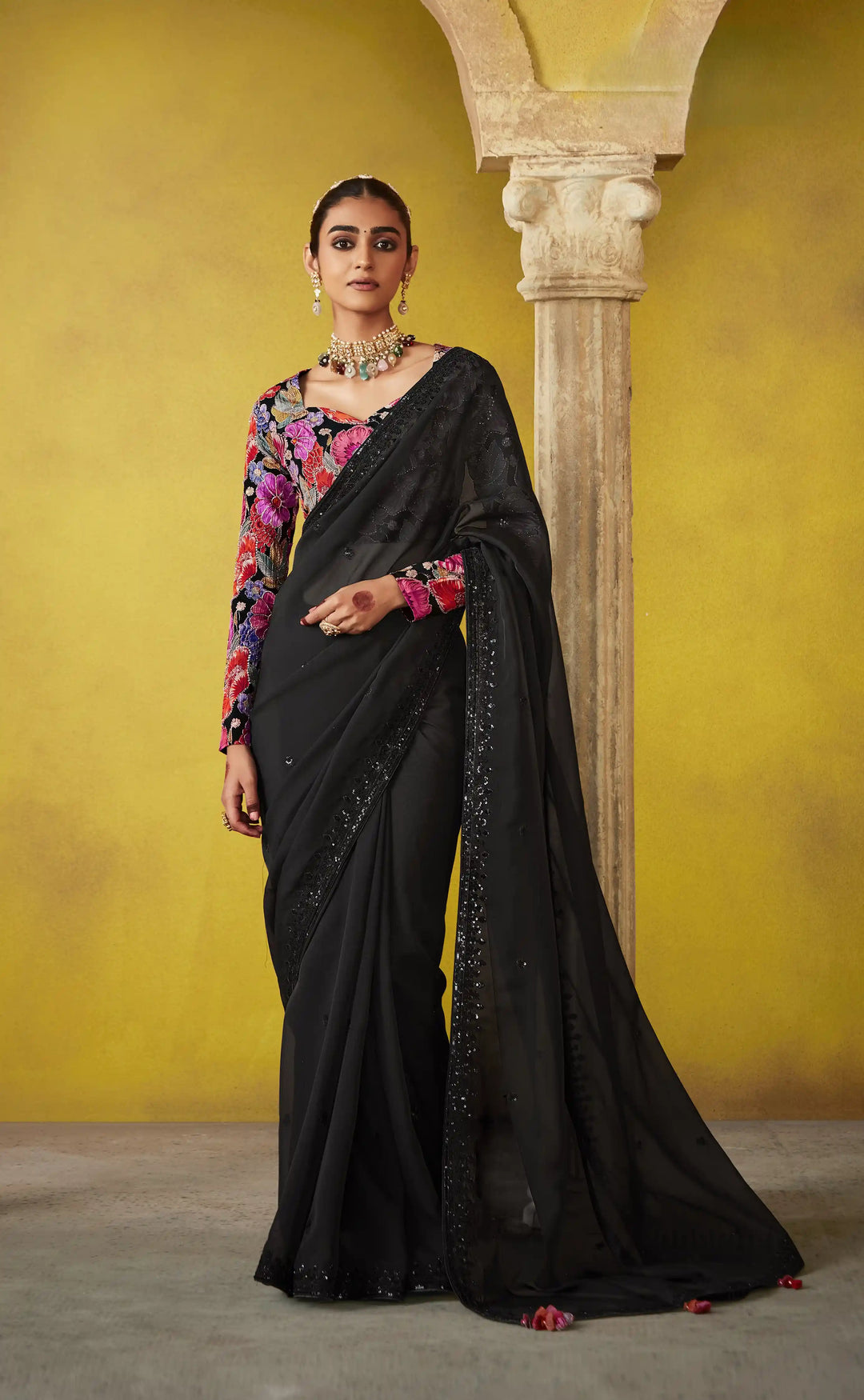 Classic Black Tissue Saree with Dori and Thread Embroidered Satin Silk Blouse