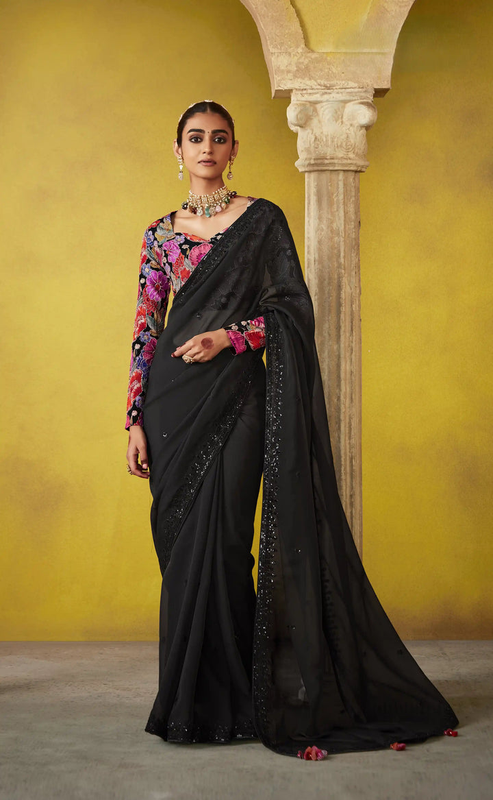 Classic Black Tissue Saree with Dori and Thread Embroidered Satin Silk Blouse
