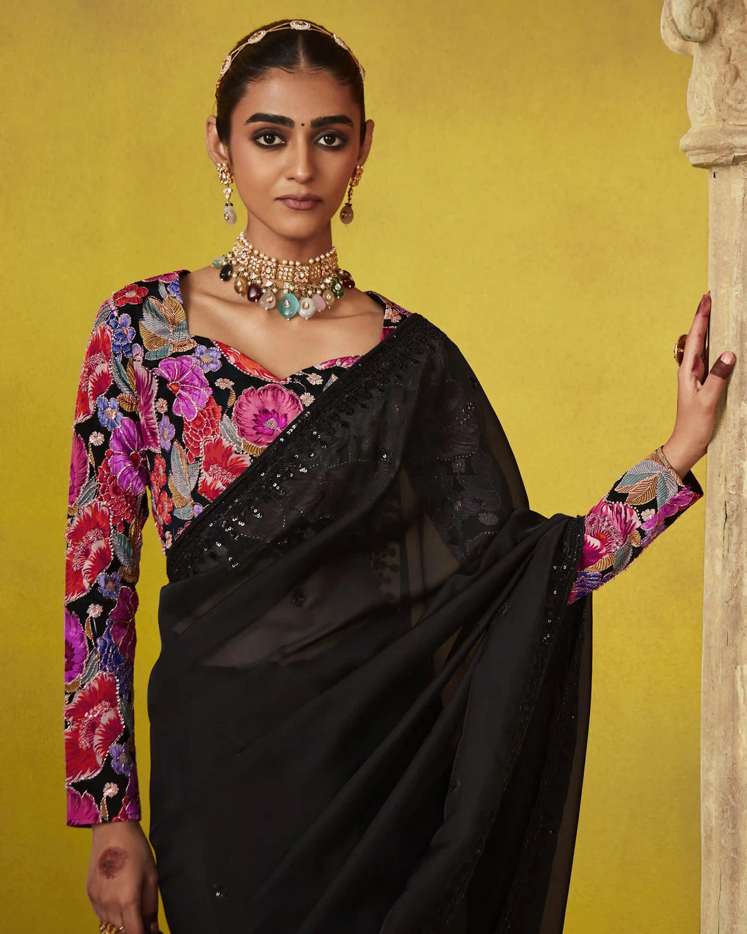 Classic Black Tissue Saree with Dori and Thread Embroidered Satin Silk Blouse