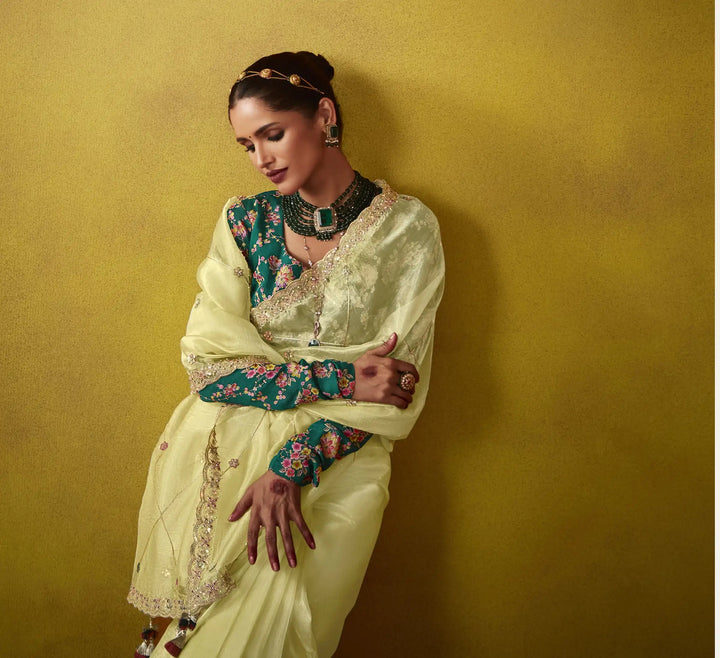 Stunning Light Yellow Tissue Saree with Thread Embroidery