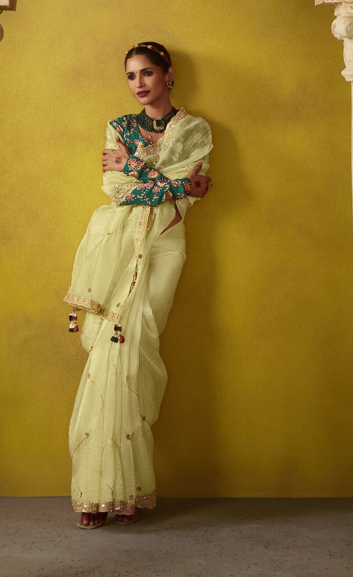 Stunning Light Yellow Tissue Saree with Thread Embroidery