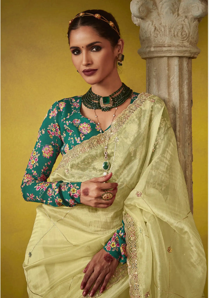Stunning Light Yellow Tissue Saree with Thread Embroidery