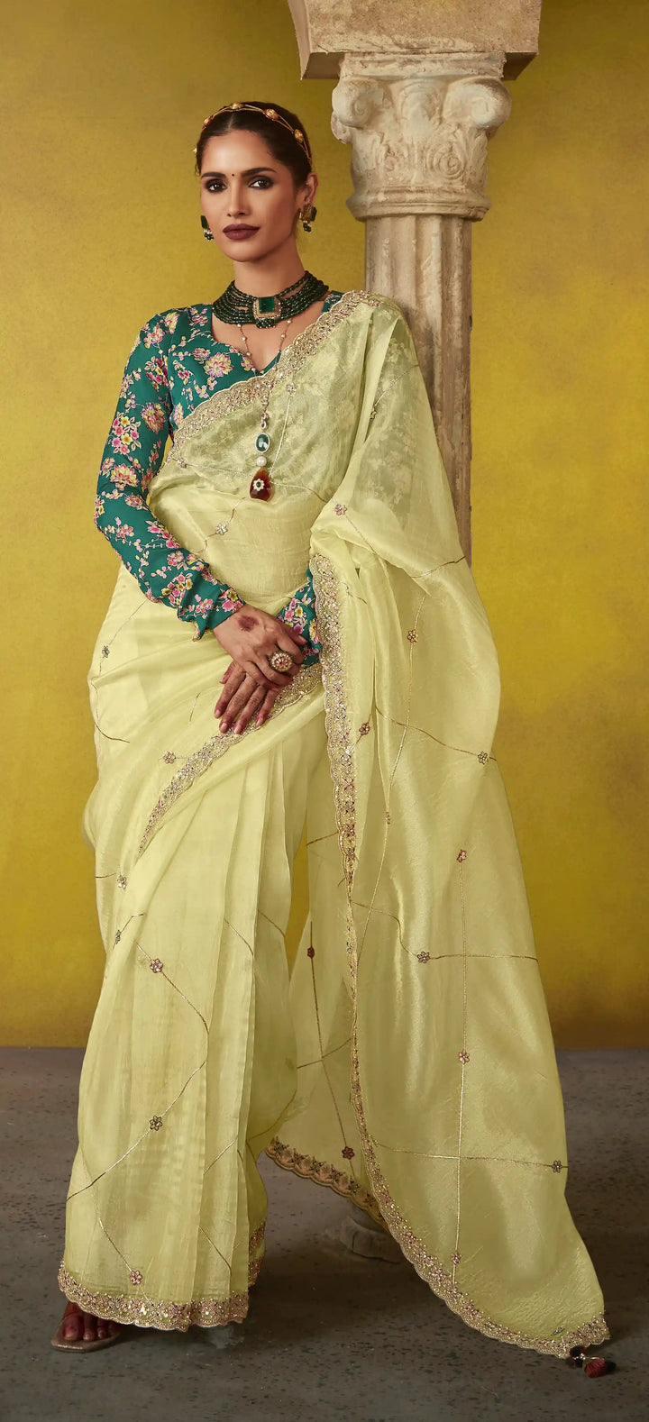 Stunning Light Yellow Tissue Saree with Thread Embroidery