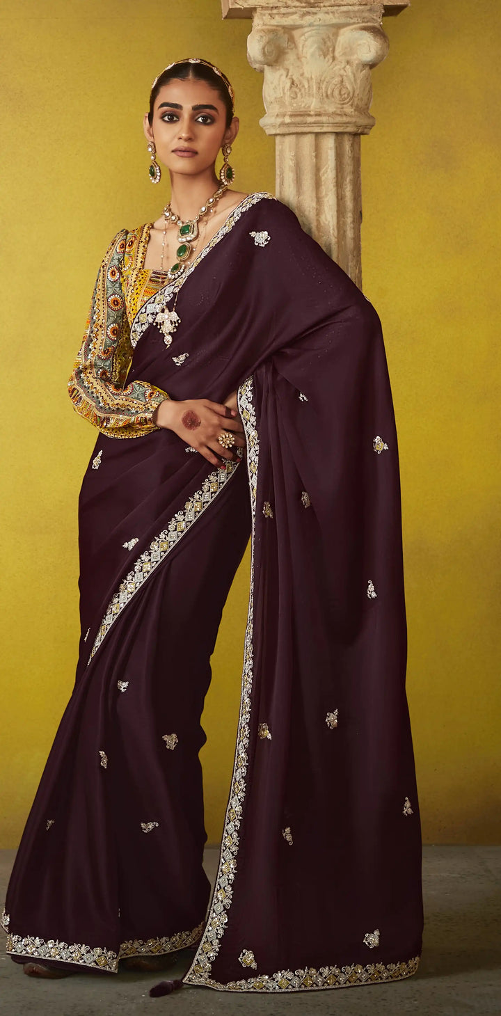 Wine Tissue Saree with Satin Silk Blouse & Beautiful Sequins Work