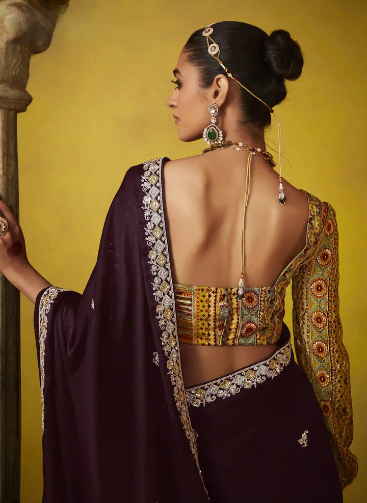 Wine Tissue Saree with Satin Silk Blouse & Beautiful Sequins Work