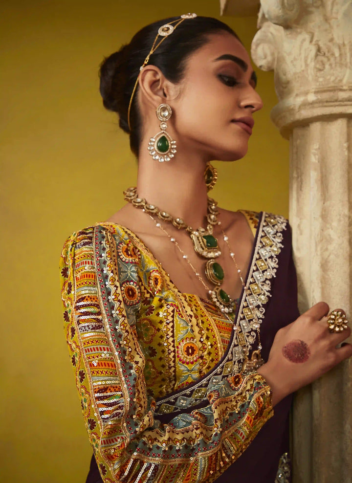 Wine Tissue Saree with Satin Silk Blouse & Beautiful Sequins Work