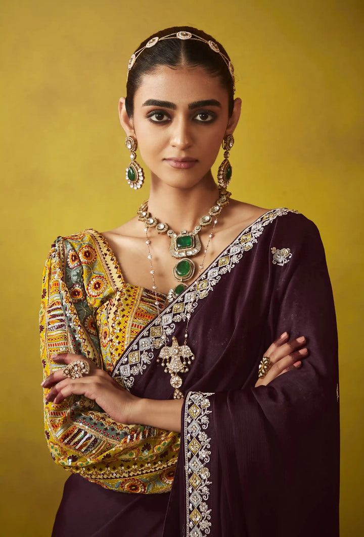 Wine Tissue Saree with Satin Silk Blouse & Beautiful Sequins Work