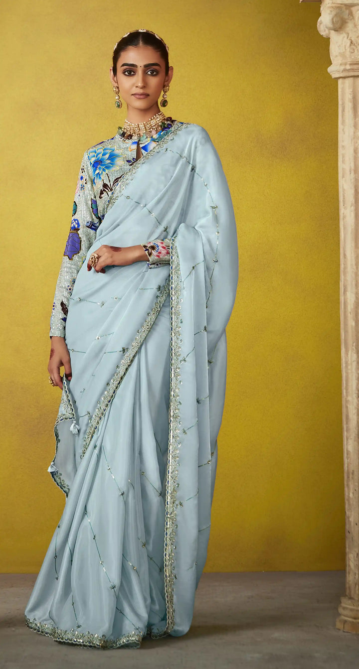 Beautiful Sky Blue Saree with Sequins and Satin Silk Blouse