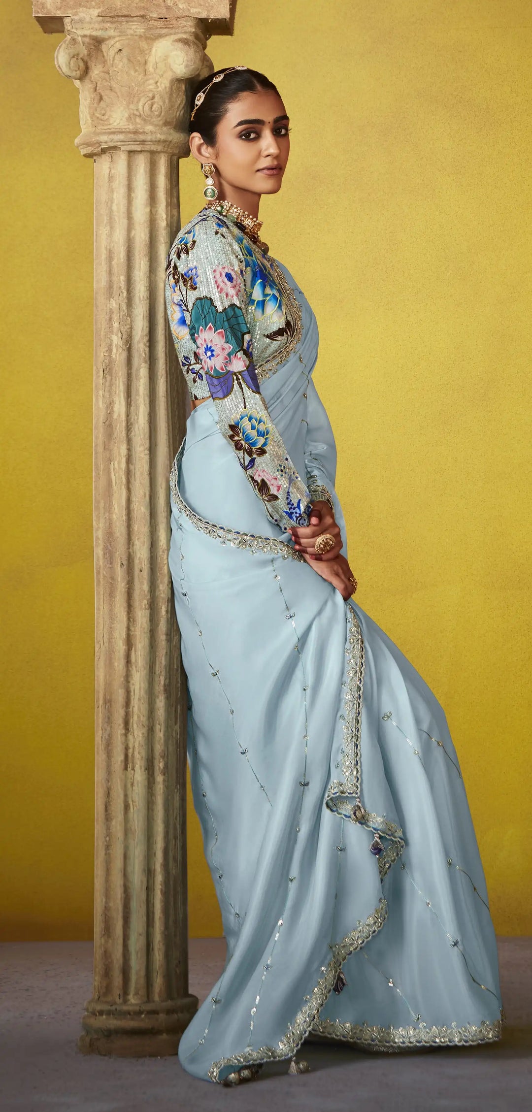 Beautiful Sky Blue Saree with Sequins and Satin Silk Blouse