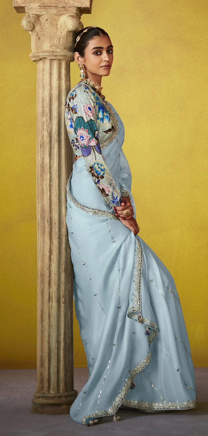Beautiful Sky Blue Saree with Sequins and Satin Silk Blouse