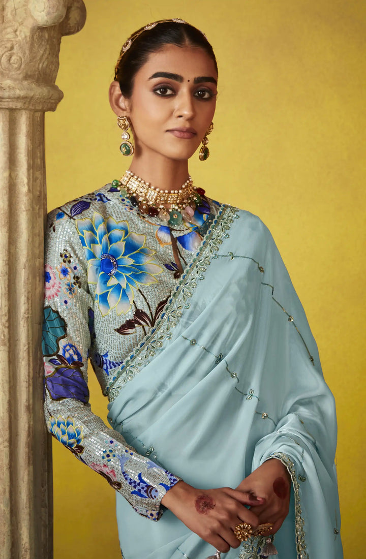 Beautiful Sky Blue Saree with Sequins and Satin Silk Blouse