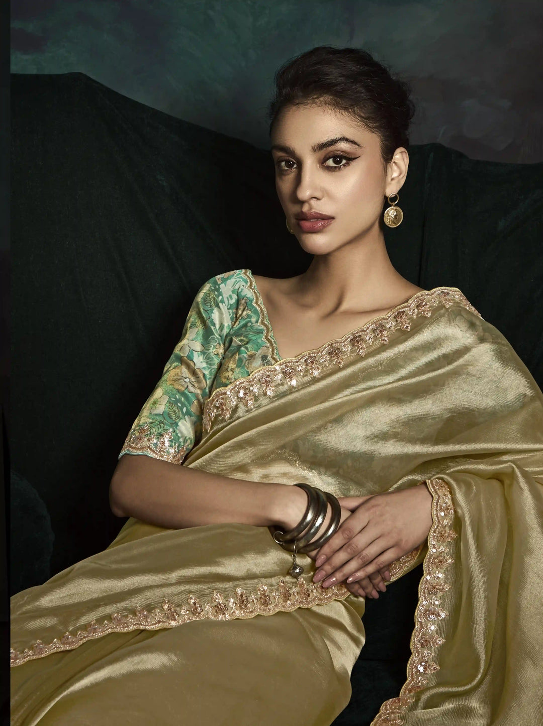 Olive Fancy Saree – Perfect Blend of Sequins & Thread Work