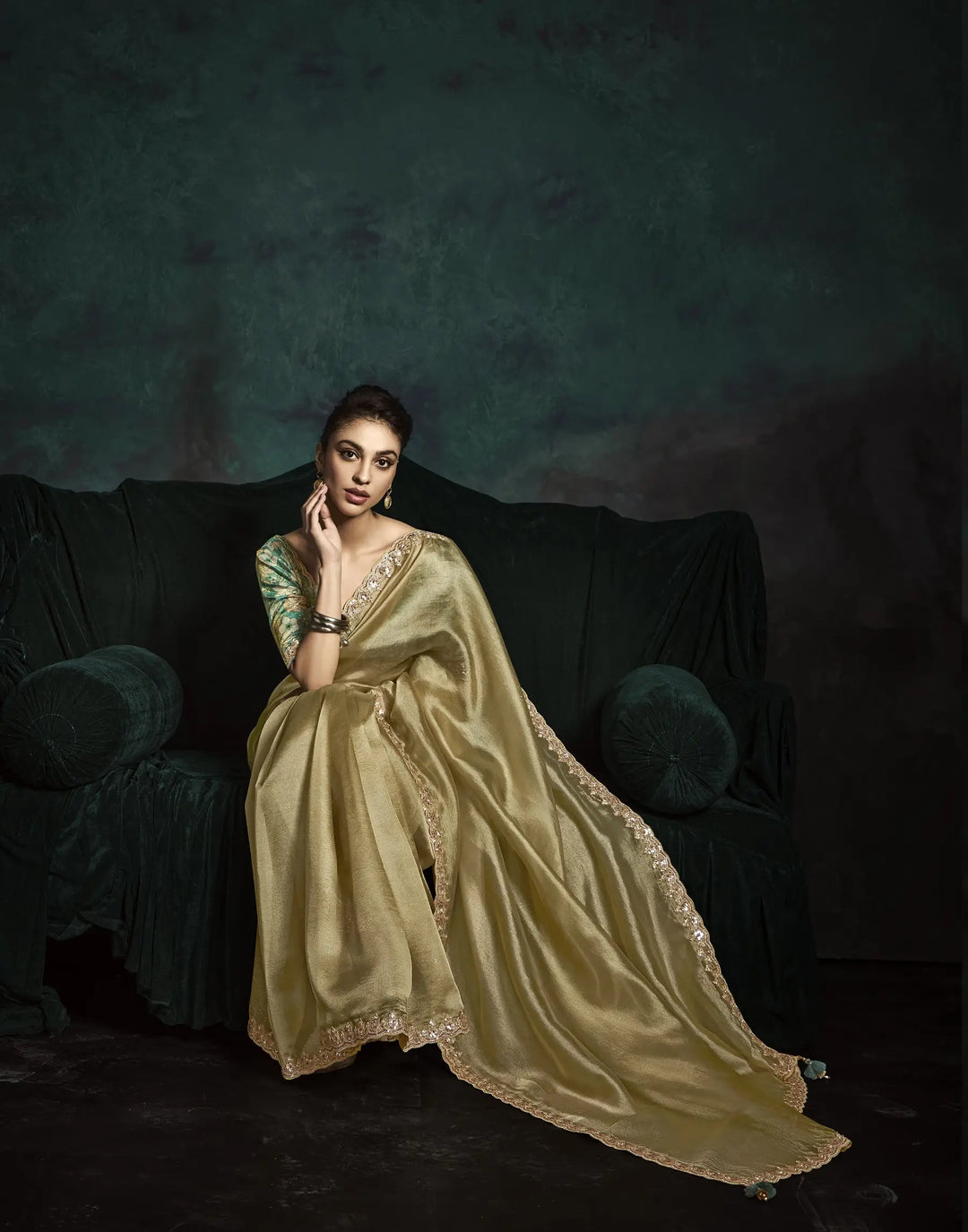 Olive Fancy Saree – Perfect Blend of Sequins & Thread Work