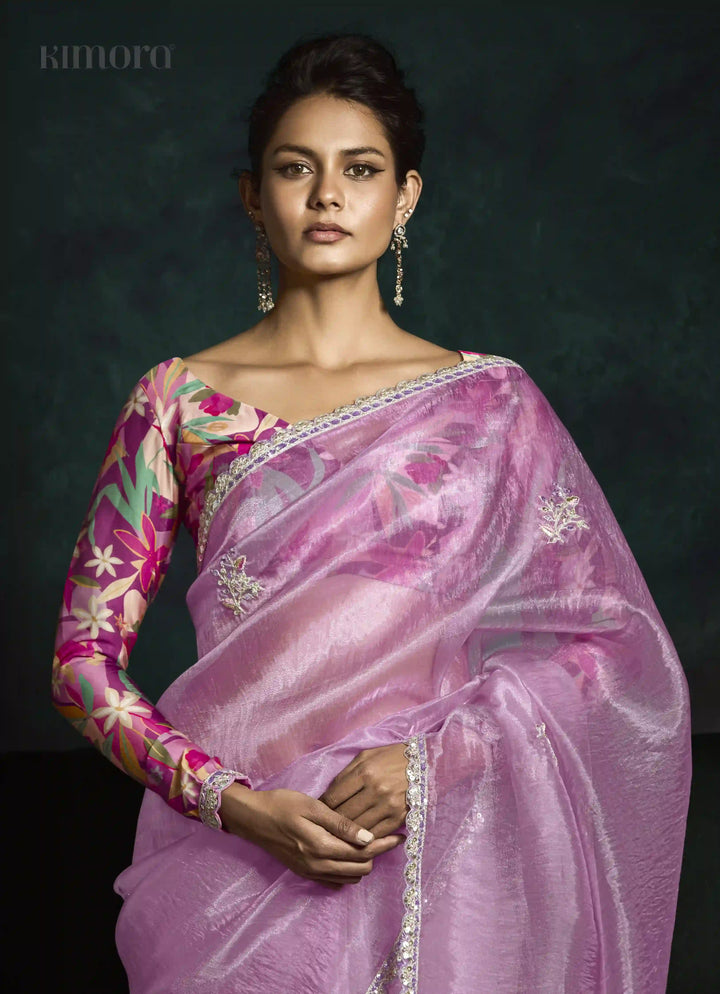 Celebrate in Style with a Rose Pink Saree with Thread & Digital Prints