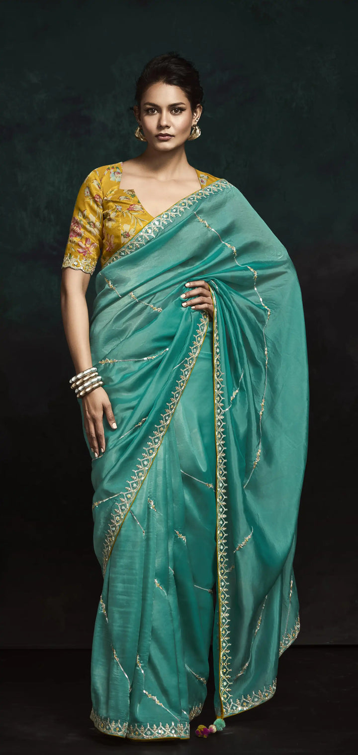 Trendy Rama Fancy Saree with Blouse - Thread & Dhaga Embroidered Work