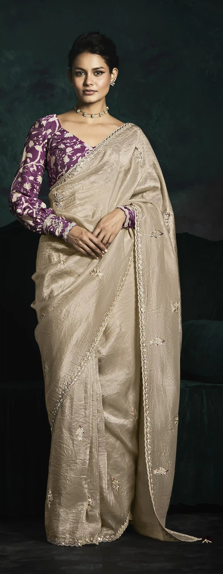 Beige Fancy Saree with Satin Silk Blouse and Premium Embroidery