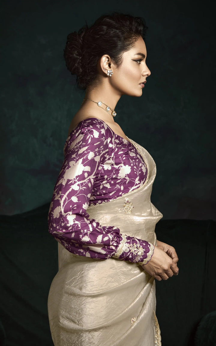 Beige Fancy Saree with Satin Silk Blouse and Premium Embroidery