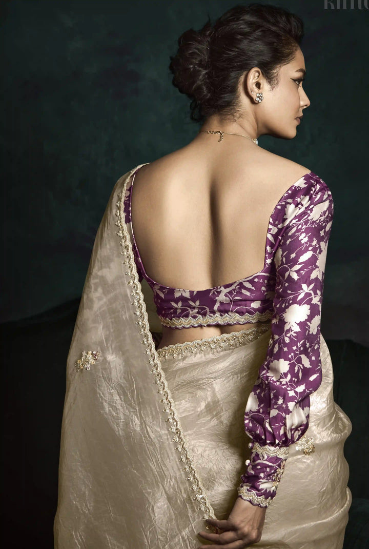 Beige Fancy Saree with Satin Silk Blouse and Premium Embroidery