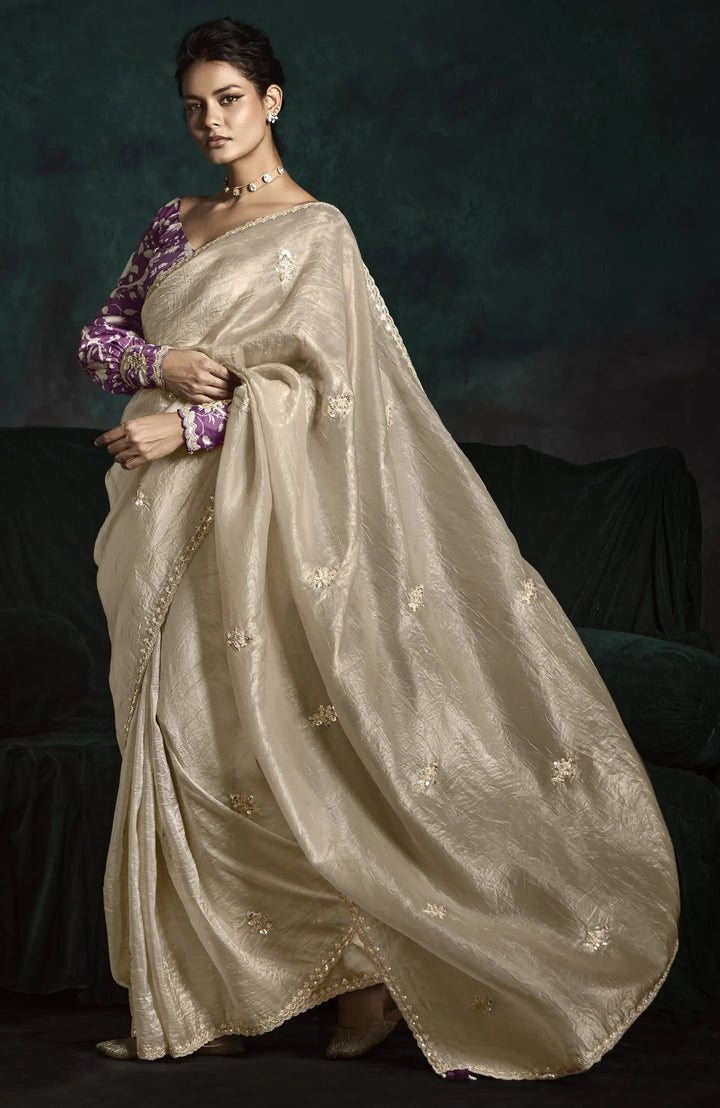 Beige Fancy Saree with Satin Silk Blouse and Premium Embroidery