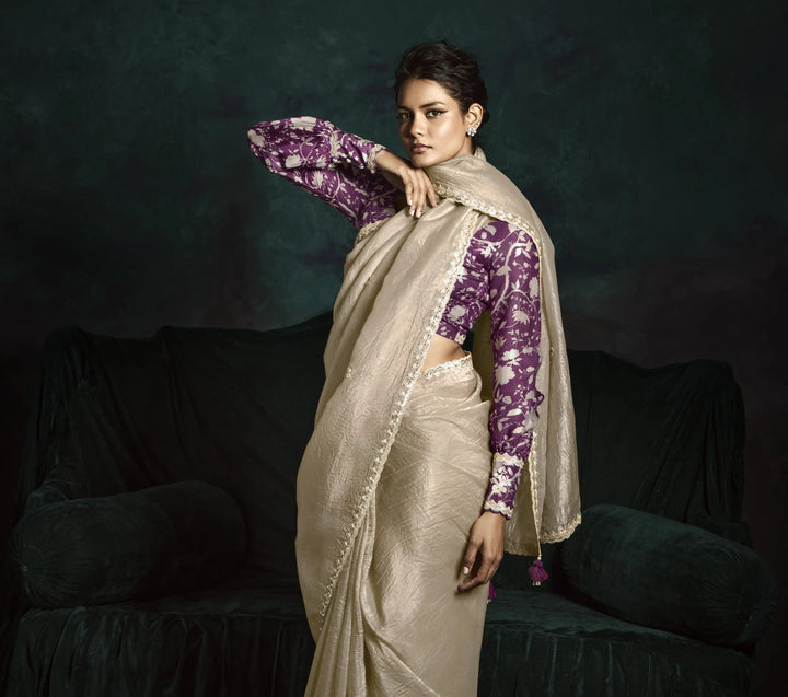 Beige Fancy Saree with Satin Silk Blouse and Premium Embroidery