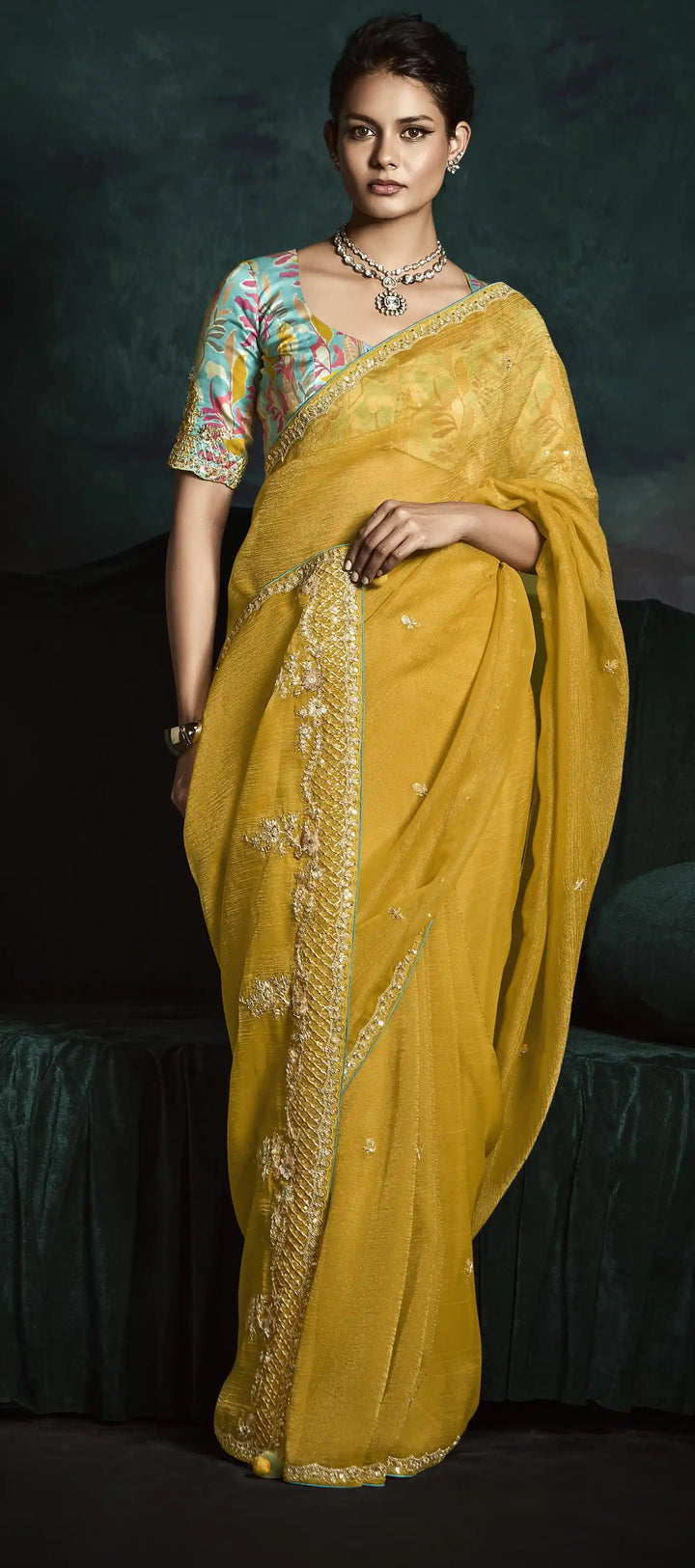 Stylish Yellow Saree with Embroidered Work & Digital Prints