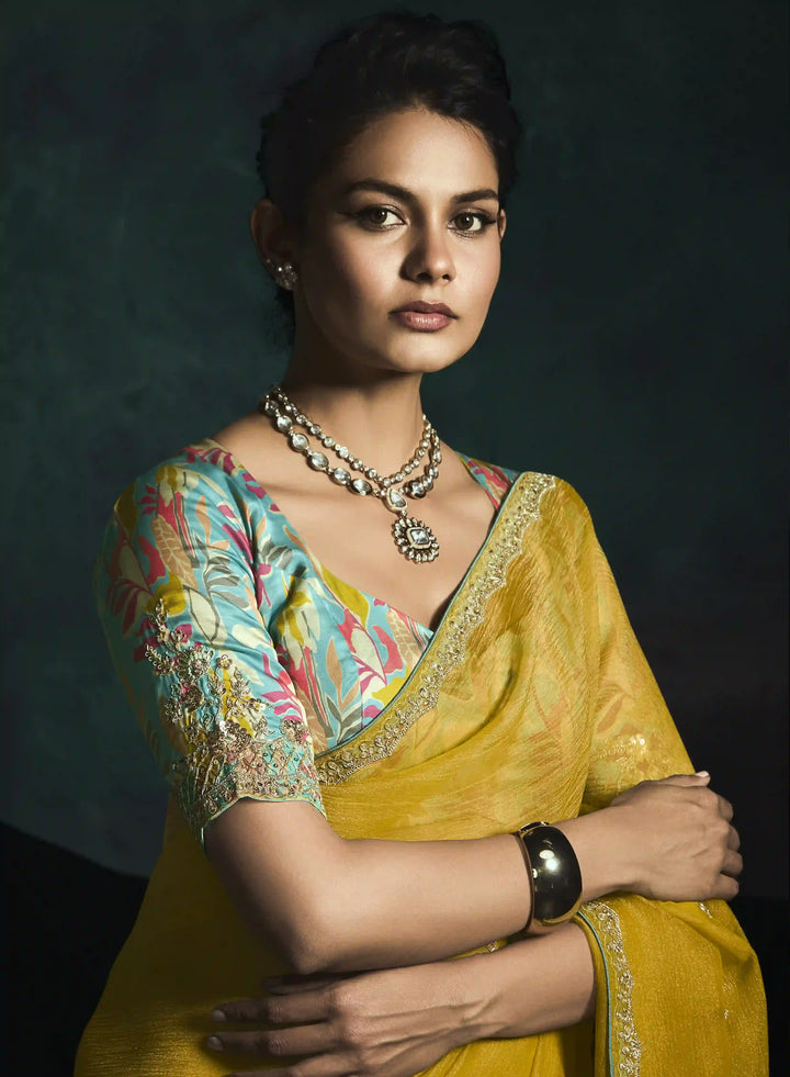 Stylish Yellow Saree with Embroidered Work & Digital Prints