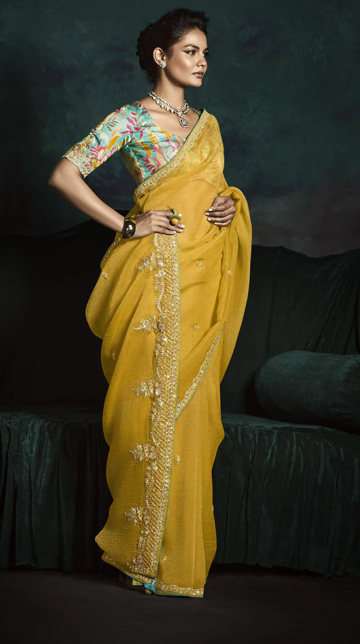 Stylish Yellow Saree with Embroidered Work & Digital Prints