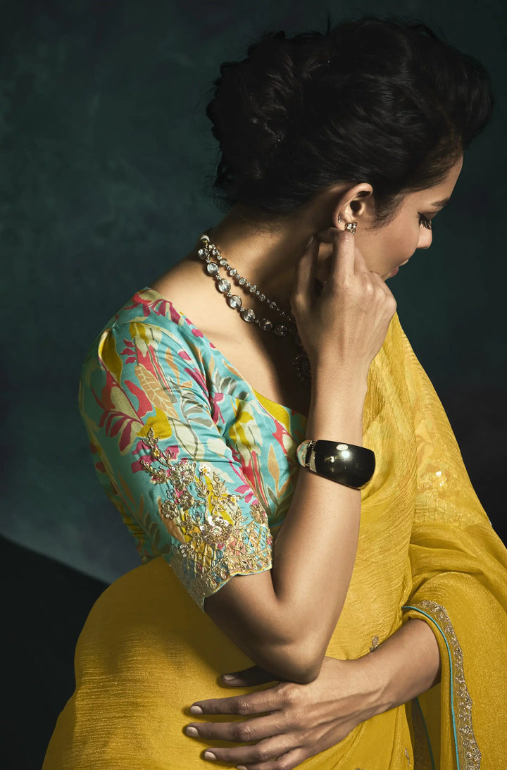 Stylish Yellow Saree with Embroidered Work & Digital Prints