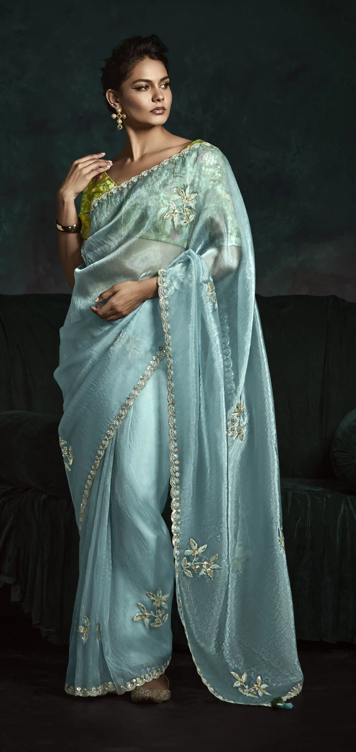 Sky Blue Fancy Saree with Satin Silk Blouse – Intricate Thread & Digital Prints