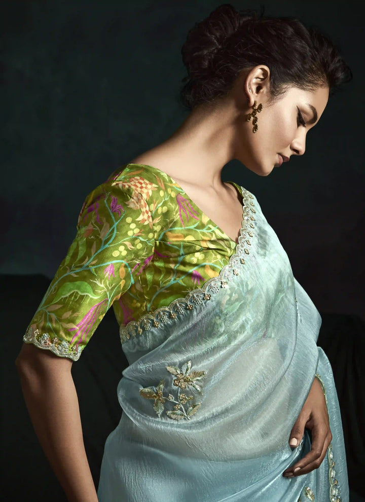 Sky Blue Fancy Saree with Satin Silk Blouse – Intricate Thread & Digital Prints