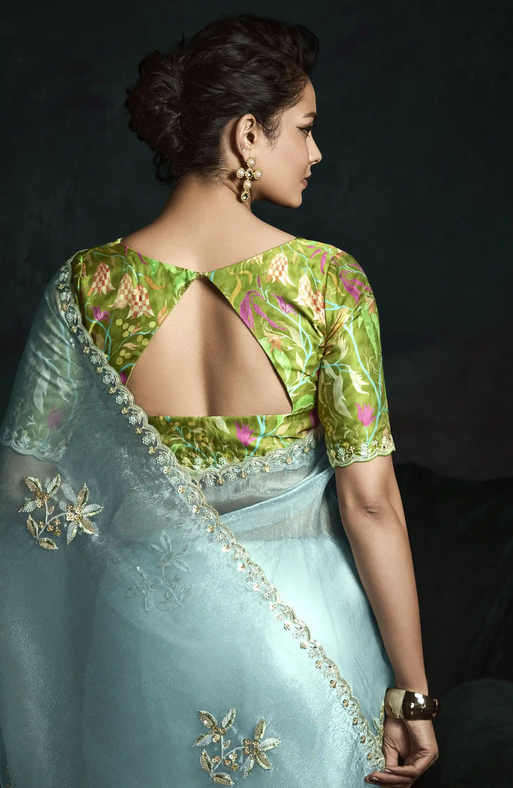 Sky Blue Fancy Saree with Satin Silk Blouse – Intricate Thread & Digital Prints