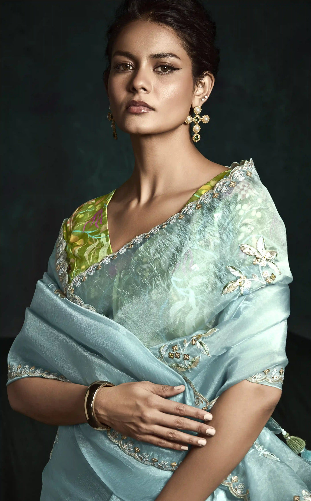 Sky Blue Fancy Saree with Satin Silk Blouse – Intricate Thread & Digital Prints