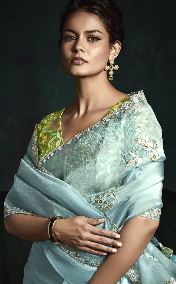 Sky Blue Fancy Saree with Satin Silk Blouse – Intricate Thread & Digital Prints