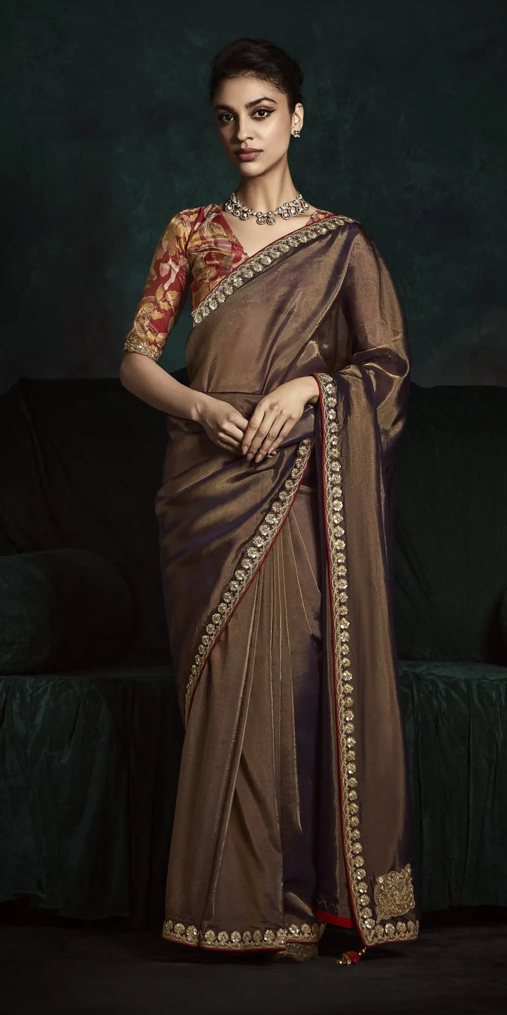 Timeless Brown Saree in Fancy Fabric with Digital Prints & Embroidery