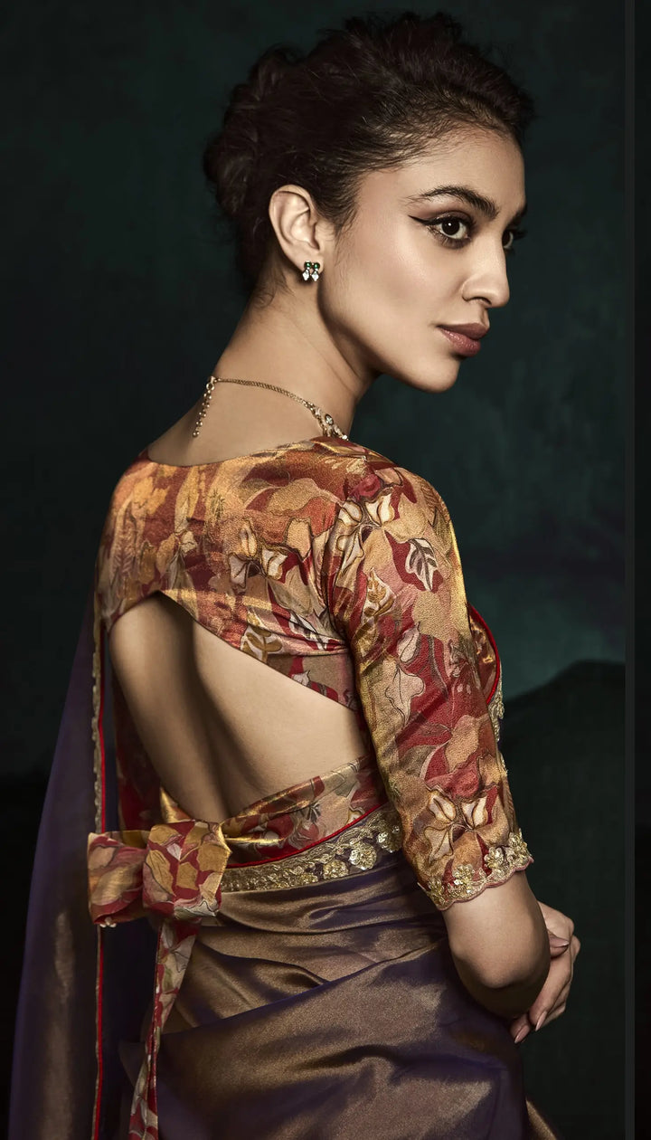 Timeless Brown Saree in Fancy Fabric with Digital Prints & Embroidery