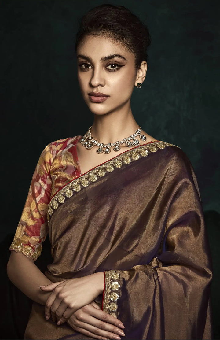 Timeless Brown Saree in Fancy Fabric with Digital Prints & Embroidery