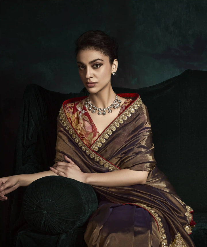 Timeless Brown Saree in Fancy Fabric with Digital Prints & Embroidery