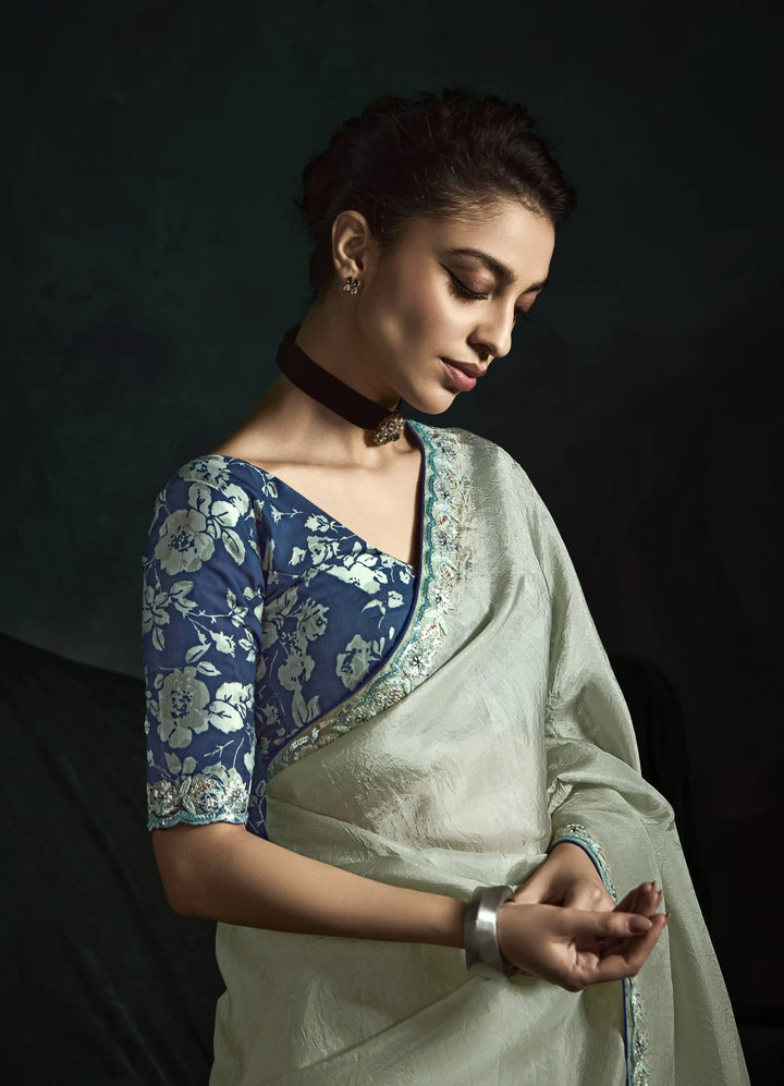 Sophisticated Light Gray Saree with Dhaga & Thread Embroidery