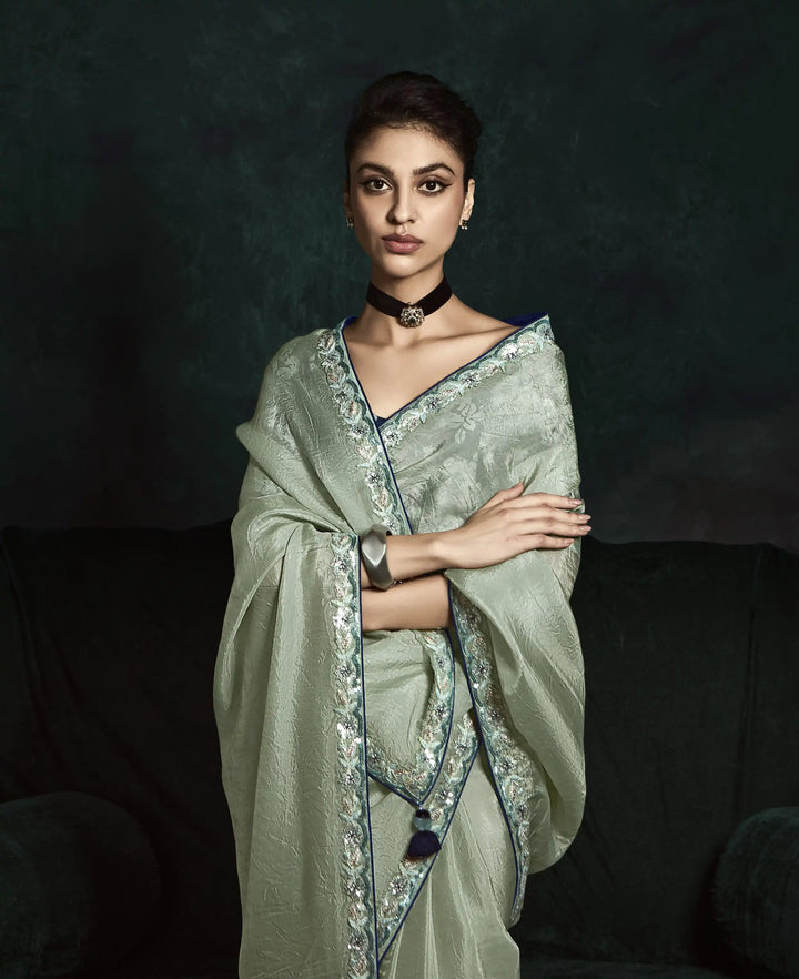 Sophisticated Light Gray Saree with Dhaga & Thread Embroidery